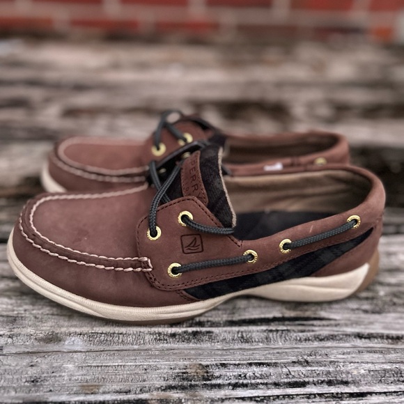 Sperry Top Siders Leather Blue Green Tartan Plaid Women's Boat Shoes Size 6.5 - Picture 2 of 12